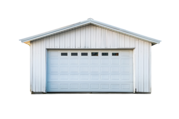 Front view of a white garage with a closed door, framed by a white wooden exterior and small windows above the door.