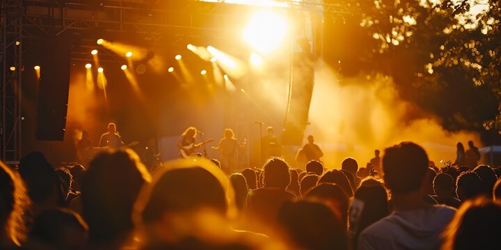 crowd of people watching a band perform on stage at a concert or festival at sunset or sunrise time