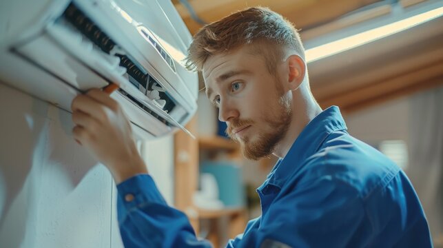 A young Caucasian air conditioner repair and maintenance specialist in uniform is repairing an air conditioner in a customer's house.