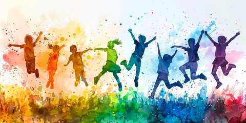 group of people jumping in the air with colored paint splatters on them and a rainbow background