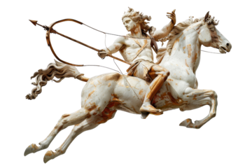 Sculpture of a mythological archer riding a galloping horse, symbolizing strength and precision in ancient art.