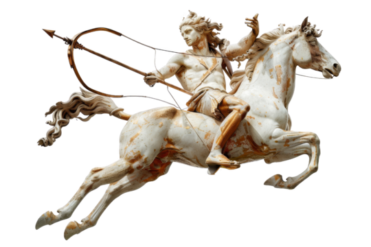 Sculpture of a mythological archer riding a galloping horse, symbolizing strength and precision in ancient art.