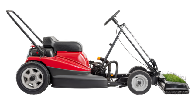 Side view of a red and black ride-on lawn sweeper with a grass catcher, ready for lawn maintenance and garden clean-up.