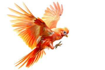 Vibrant orange parrot in mid-flight with spread wings on a black background, showcasing feathers and dynamic movement.