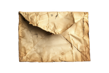 Vintage crumpled envelope with aged paper texture, isolated on a white background, ideal for nostalgic and retro design themes.