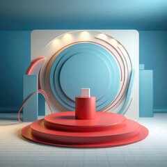 Fototapeta premium Red Podium with Blue Background for Product Photos: Striking Contrast