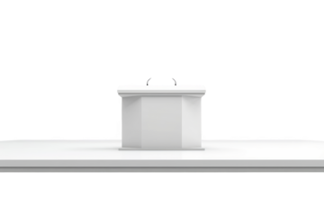 White podium with microphone set on a bright stage, ideal for presentations, speeches, or conferences.