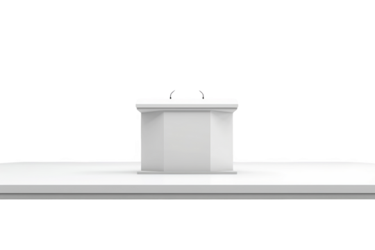 White podium with microphone set on a bright stage, ideal for presentations, speeches, or conferences.