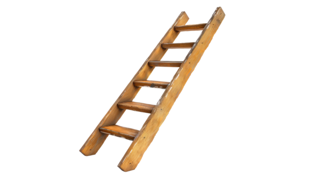 Wooden ladder isolated on white background. Vintage wooden ladder used for access, climbing, and elevation. Practical and rustic home tool.