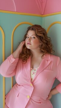 Confident and Stylish Plus Size Woman Radiating Joy and Self Love in Vibrant Pink Dress
