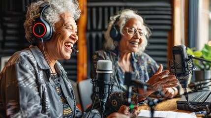 Obraz premium Two women are recording a podcast in a studio