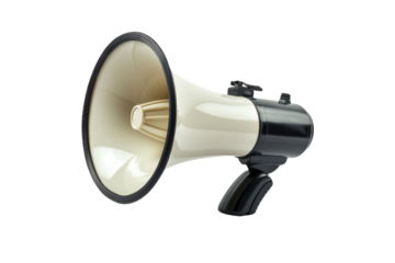 Close-up image of a megaphone with a black handle and a white cone. Ideal for announcements, communication, and public speaking concepts.