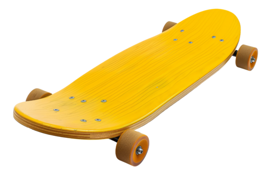 Bright yellow skateboard with wooden deck and orange wheels, ideal for outdoor sports, street tricks, and skateboarding enthusiasts.