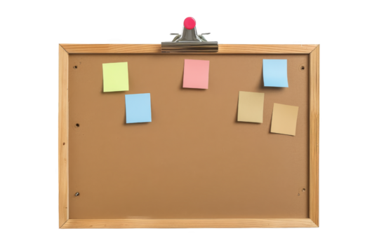 Bulletin board with colorful sticky notes attached, ready for important reminders, memos, or to-do lists. Ideal for office or home organization.