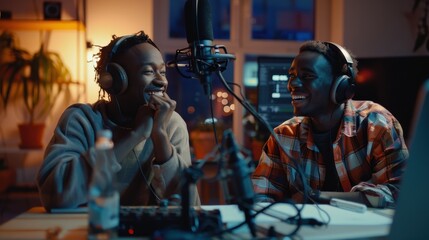 Two men laughing while recording a podcast in a home studio