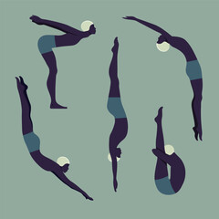 An African man in swimsuit in the swimming pool. Jumping into the water and swimming in the pool. Water sports. Vector flat illustration