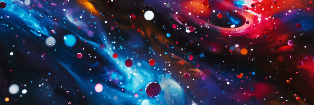 Abstract space with scattered images of bright elements. Cosmic background showing colorful nebulae and star clusters