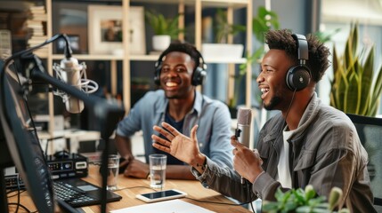 Obraz premium Two men sit at a table in a studio, talking into microphones