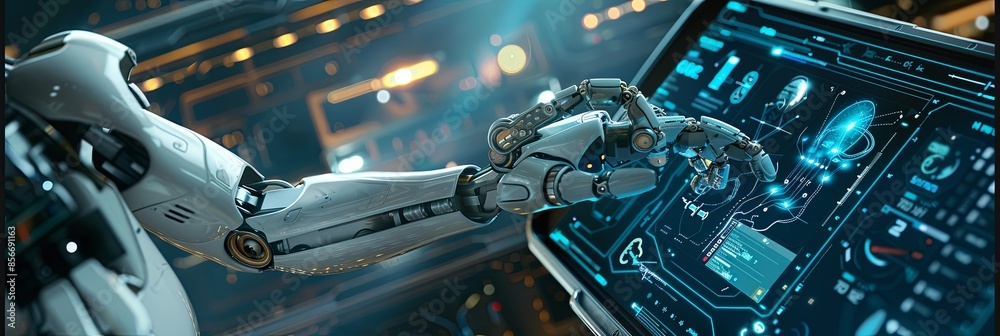 Leinwandbilder a humanoid robots hand interacts with a touchscreen display showcasing ai functionalities in a sleek
