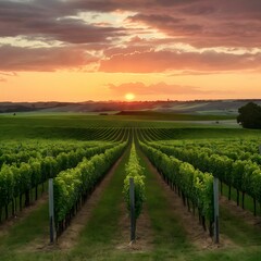 Fototapeta premium vineyard in autumn, vineyard in the morning, vineyard at sunset, vineyard in the morning, plant, valley, winery, france, grass, meadow, blue, road, sunset, land, farmland, farming, crop, horizon