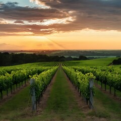 Naklejka premium vineyard in autumn, vineyard in the morning, vineyard at sunset, vineyard in the morning, plant, valley, winery, france, grass, meadow, blue, road, sunset, land, farmland, farming, crop, horizon
