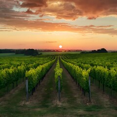 Fototapeta premium vineyard in autumn, vineyard in the morning, vineyard at sunset, vineyard in the morning, plant, valley, winery, france, grass, meadow, blue, road, sunset, land, farmland, farming, crop, horizon