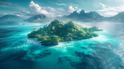 Fototapeta premium Tropical Island, Nature landscape, crystal blue sea, lush jungle, 300 DPI