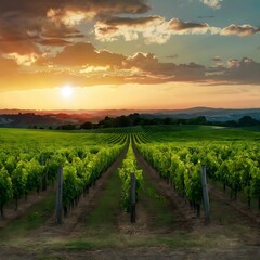 Fototapeta premium vineyard in autumn, vineyard in the morning, vineyard at sunset, vineyard in the morning, plant, valley, winery, france, grass, meadow, blue, road, sunset, land, farmland, farming, crop, horizon
