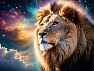 Fototapeta premium Ethereal lion, surrounded by clouds bright and glowing magical sparkles, portrait.
