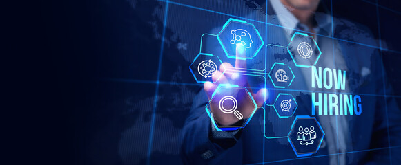 Business, Technology, Internet and network concept. NOW HIRING inscription, modern technology business concept.
