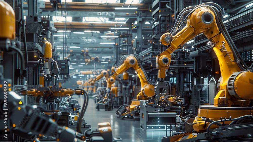 Leinwandbilder a modern manufacturing plant with a line of automated robotic arms operating on a clean, efficient p