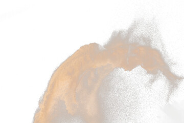 Small size fine Sand flying explosion, Golden grain wave explode. Abstract cloud fly. Yellow colored sand splash silica in Air, Galaxy star universe sign symbol. Element Black background Isolated