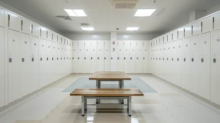 White Lockers and Wooden Bench in a Bright Room