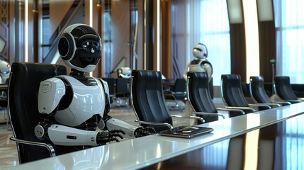 Obraz premium AI Robot Attending a Corporate Board Meeting - A sophisticated AI robot sits at a corporate boardroom table, representing the integration of advanced technology in business settings.