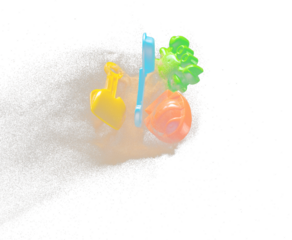 Sand beach plastic Toy for kid to play along ocean sea beach is red blue yellow green. Digging Molding toy fly with sand in air, Kid enjoy playing colorful toy. Black background isolated