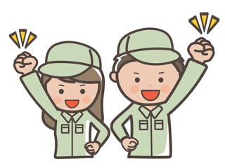 今日も1日頑張るぞ！ガッツポーズの男女作業員（清掃員）のイラスト