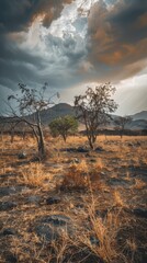Naklejka premium Dramatic scene of arid landscape with sparse vegetation, under a cloudy sky and hills in the background during sunset.