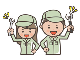 工具を持ってファイトのポーズをする男女作業員（清掃員）のイラスト