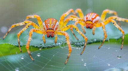 Fototapeta premium Two vibrant red-striped spider crabs perched on a green leaf.
