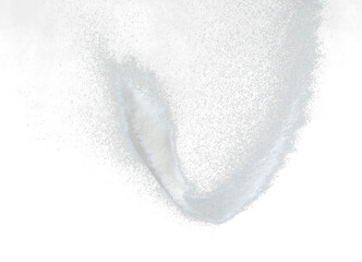 Million of white sand explosion, Photo image of falling down shower snow, heavy snows storm flying. Freeze shot on black background isolated overlay. Tiny Fine Salt sands as particle science