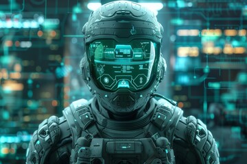 A futuristic soldier equipped with advanced biometric monitoring systems, displaying vital signs and battle data on a HUD.