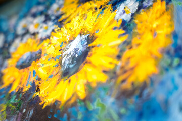 Obraz olejny, abstrakcja słoneczników na dzikiej łące.