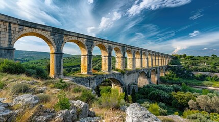 A stone bridge over a flowing river with a clear blue sky in the background