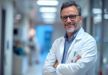 Obraz premium Confident mature doctor in white coat with glasses standing in a hospital corridor