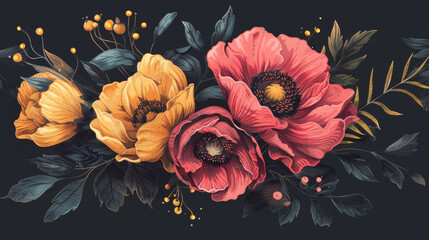 Illustration of yellow and pink poppies with detailed petals and leaves against a dark background