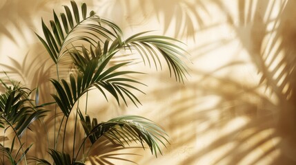 Sunlit palm leaves casting intricate shadows on a beige textured wall, creating a serene and tropical interior scene with a touch of natural elegance