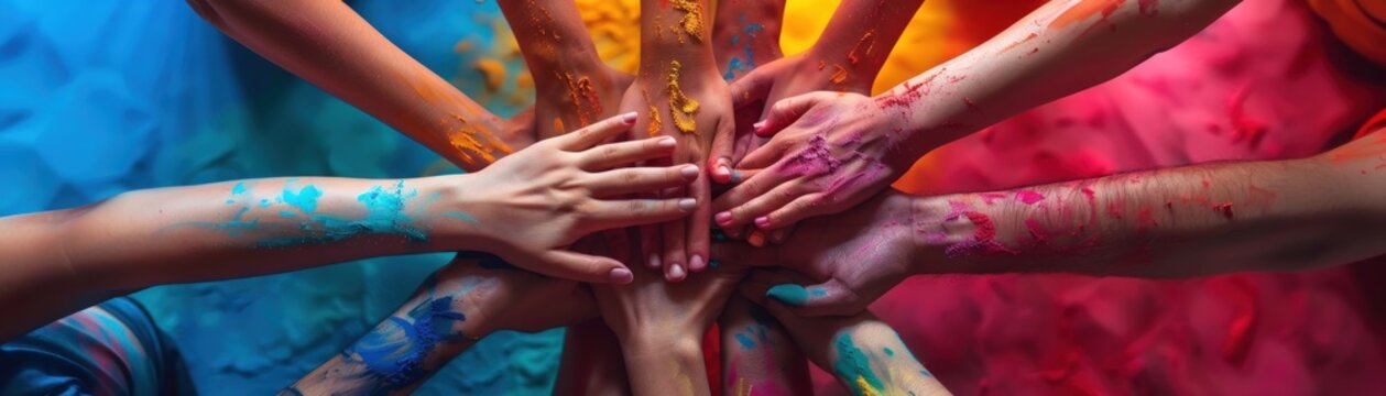 A group of people are holding hands in a circle, with their hands covered in colorful paint. Concept of unity and togetherness