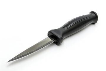 Fototapeta premium A close-up shot of a knife with a black handle placed on a white surface