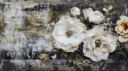 A painting of flowers with a black and white background