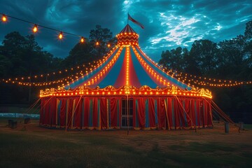 Wide Shots , Circus tent with illuminations lights at night Cirque facade Festive attraction , adobe lightroom filter, smooth skin , Ultra clear image, Add Copyspace